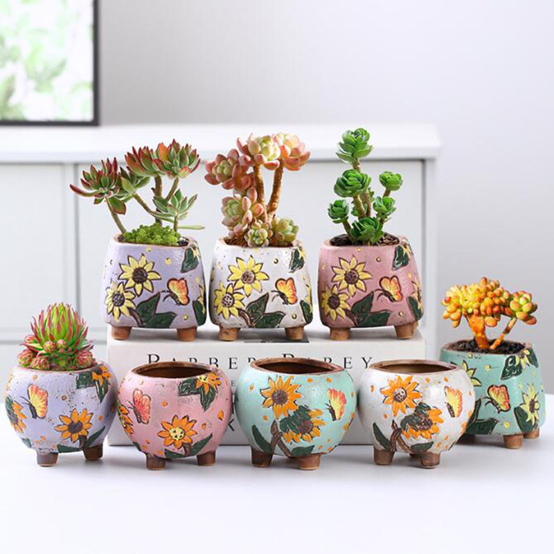 Echeveria Succulent - กระถางต้นไม้ลายดอกทานตะวันสไตล์เกาหลีแจกันระบายอากาศพร้อมรูกระถางดอกไม้น่ารักเครื่องประดับตั้งโต๊ะตกแต่งบ้าน